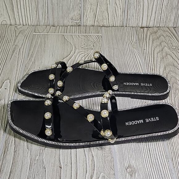 Steve Madden Nonii Black Pearl Embellished Studded Flat Sandals Womens 10 NEW - Picture 5 of 14